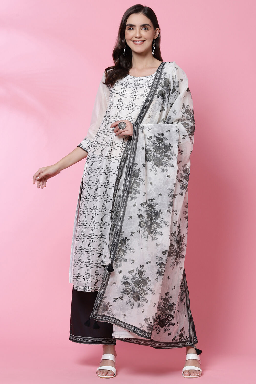 Ivory Black Cotton Straight Kurta Palazzo Suit Set image number 0