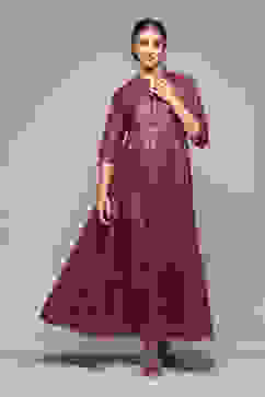 Wine Cotton Flared Printed Dress image number 5