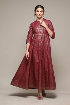 Wine Cotton Flared Printed Dress image number 5