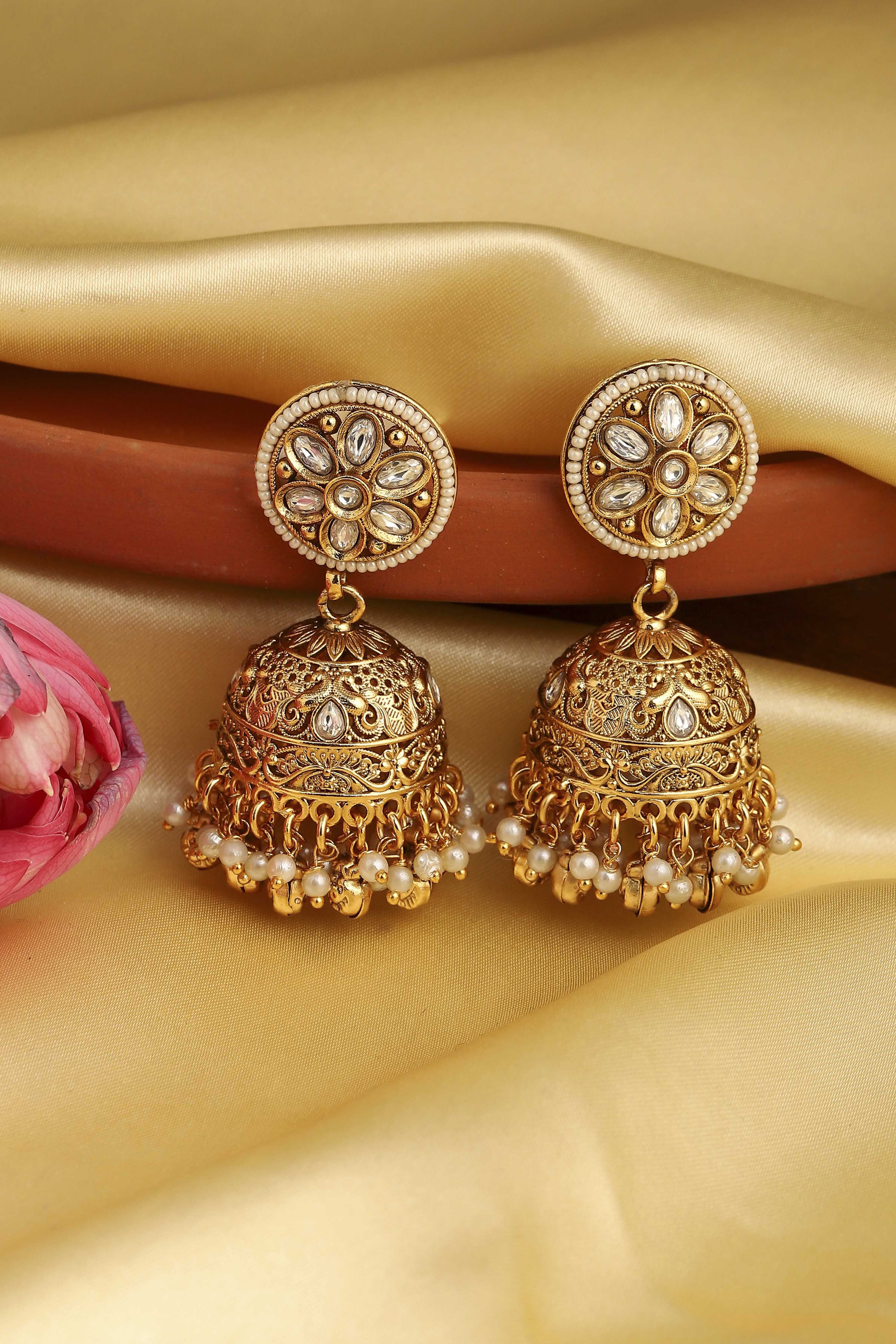 Gold Plated Brass Stone Studded Jhumkas image number 0