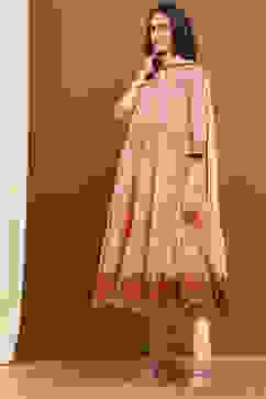 Ecru Cotton Printed Tiered Anarkali Suit Set image number 3