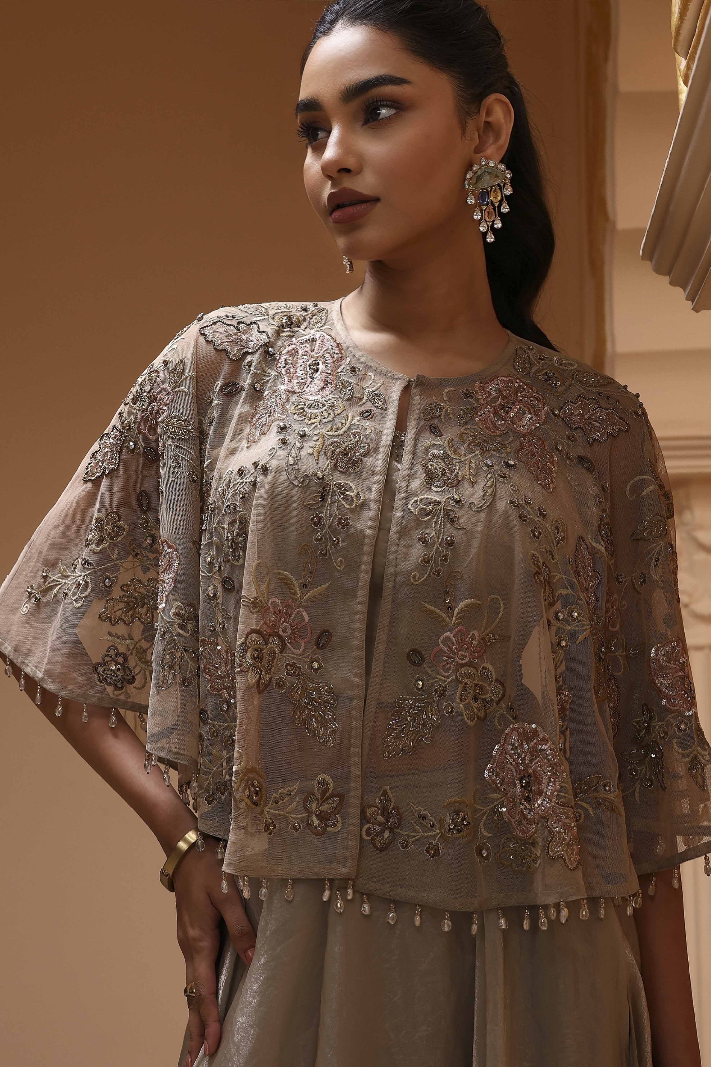 Grey Polyester Floral Embroidered Lehenga Set image number 1
