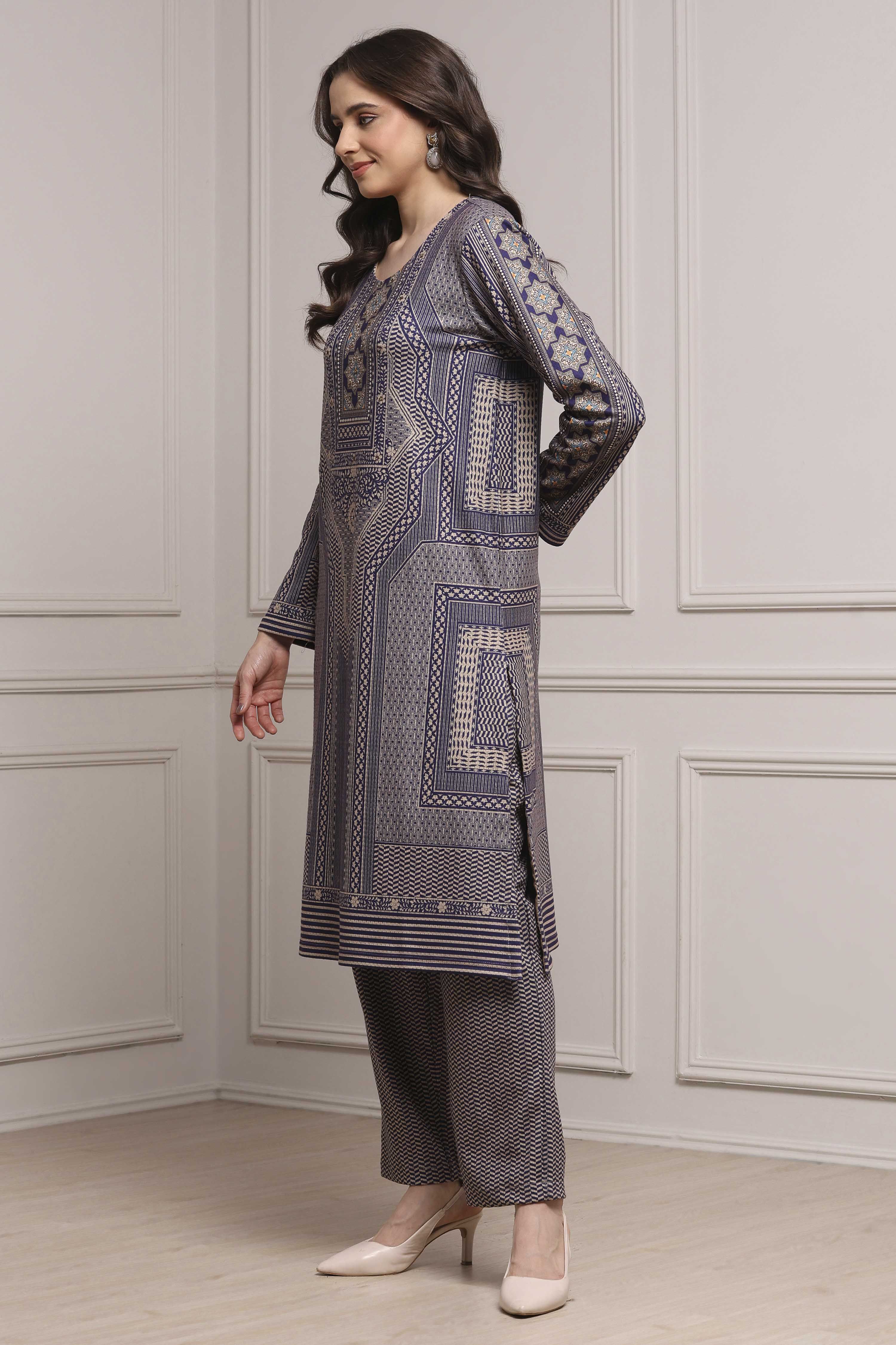 Blue Polyester Straight Printed Kurta Pants Set image number 3