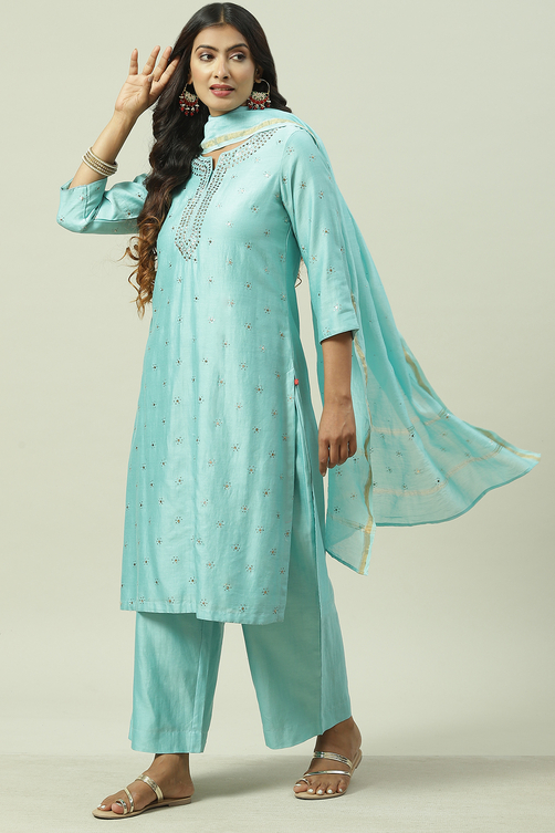 Turquoise Straight Kurta Palazzo Suit Set image number 0