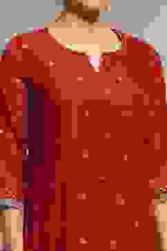 Red Polyester Kalidar Printed Suit Set image number 1