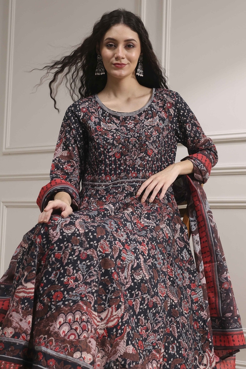 Black Cotton Fitted Anarkali Suit Set image number 0