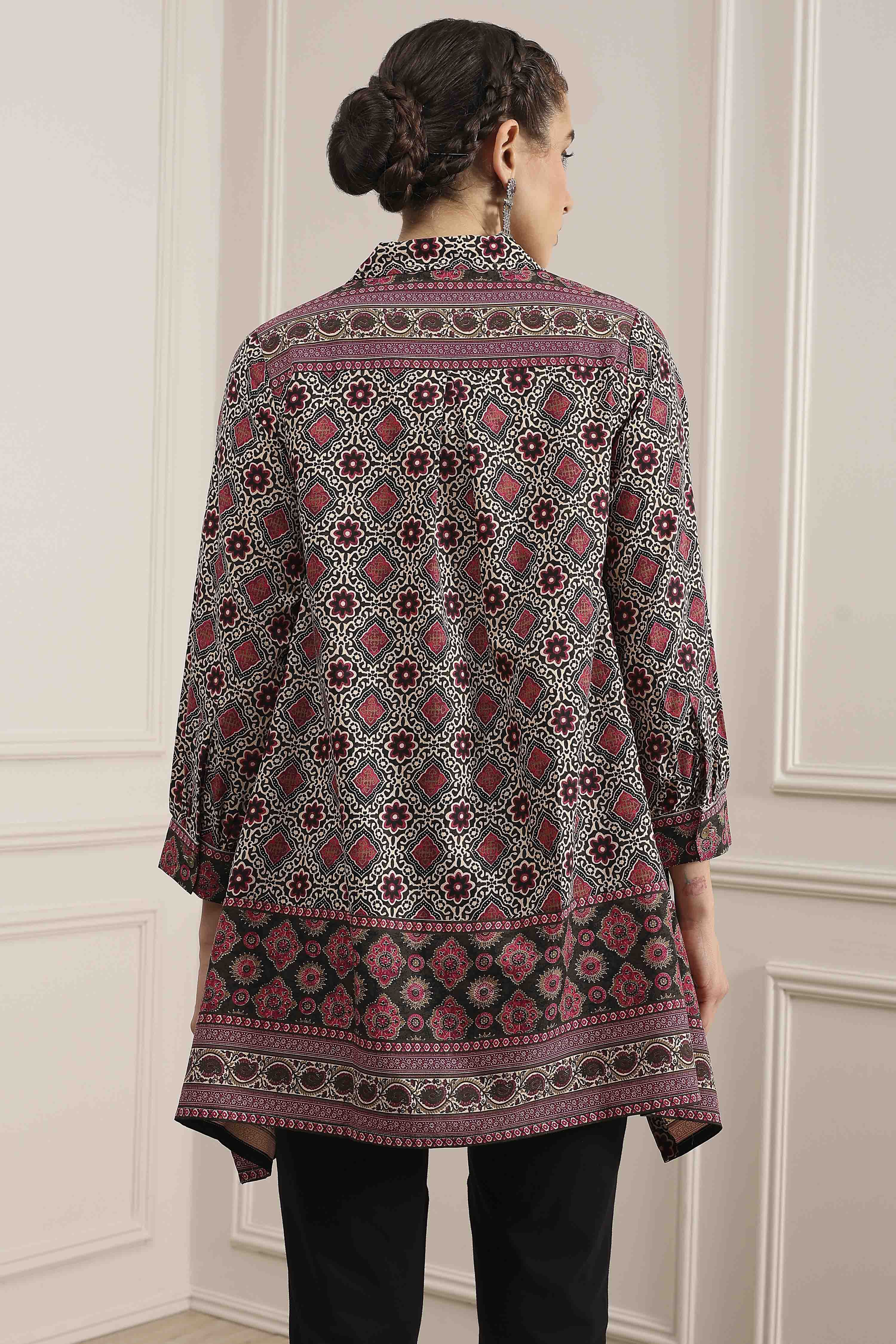 Beige Red Viscose Rayon Relaxed Printed Top image number 3