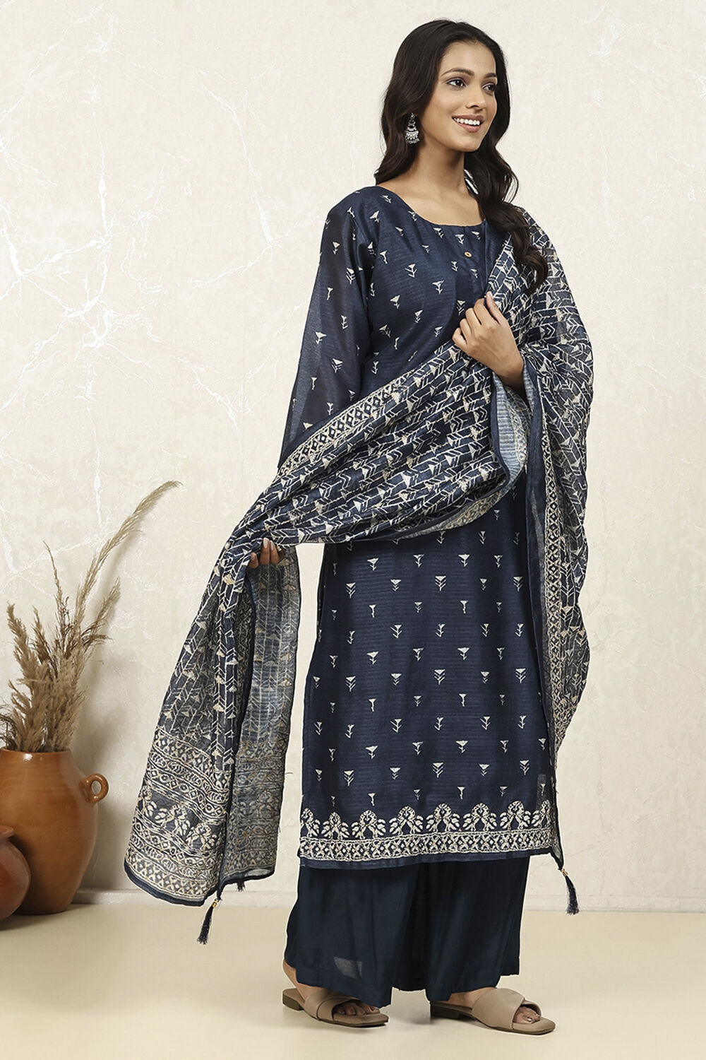Indigo Silk Blend Printed  Embroidered Unstitched Suit Set image number 6