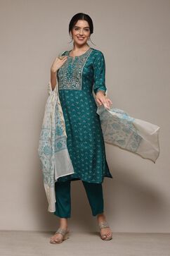 Peacock Green Modal Straight Kurta Slim Pant Suit Set image number 7