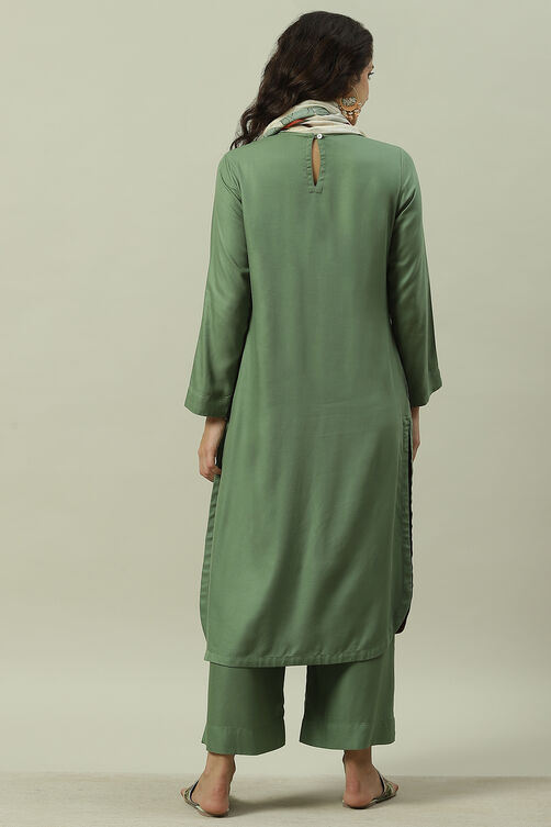 Green LIVA Straight Solid Kurta Set image number 4