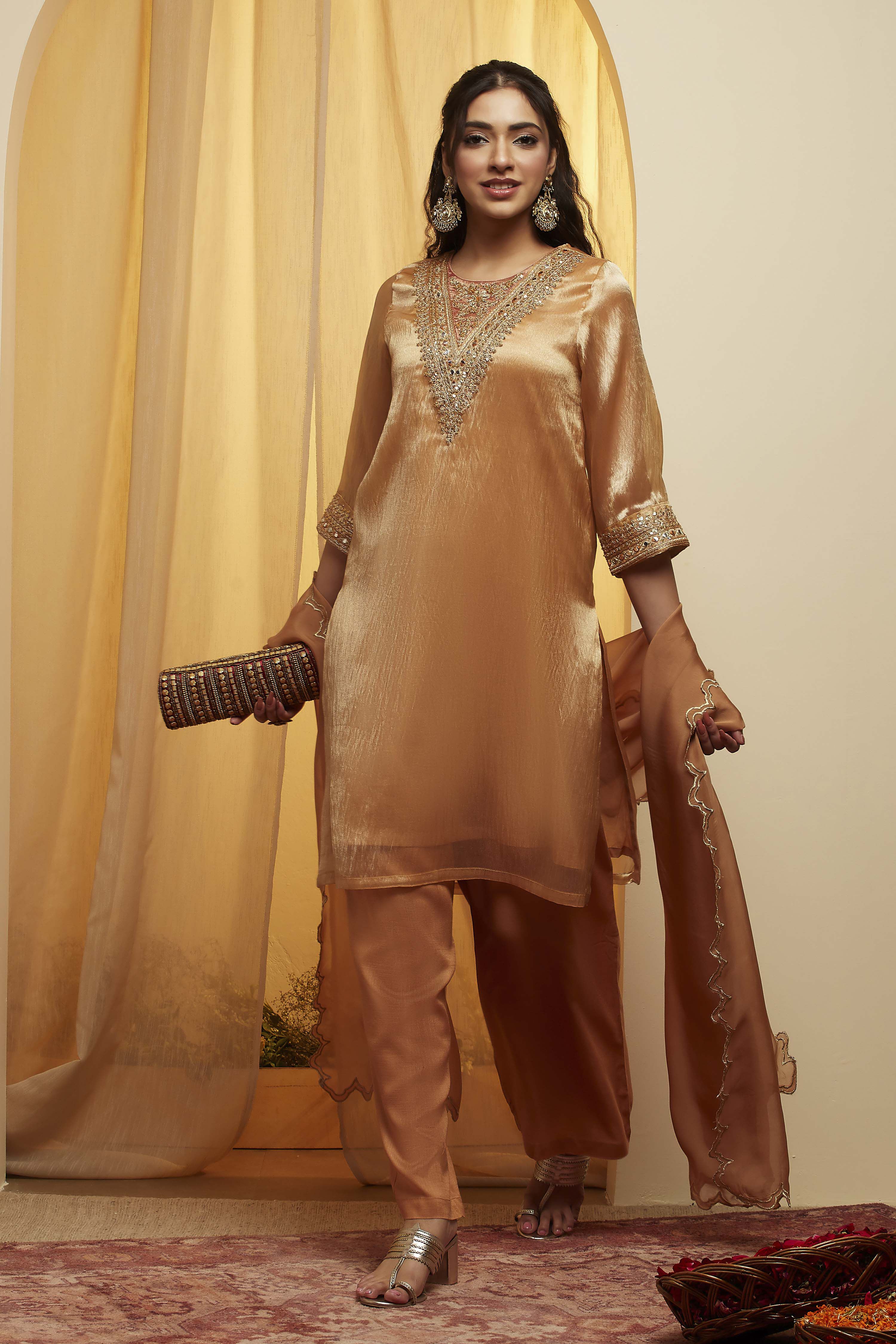 Gold Viscose Rayon Straight Suit Set image number 0