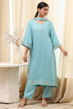 Dull Blue Viscose Rayon A-line Suit Set image number 6