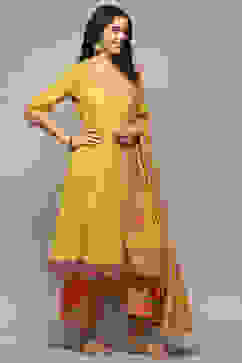 Mustard Cotton Anarkali Kurta Lehenga Set image number 6