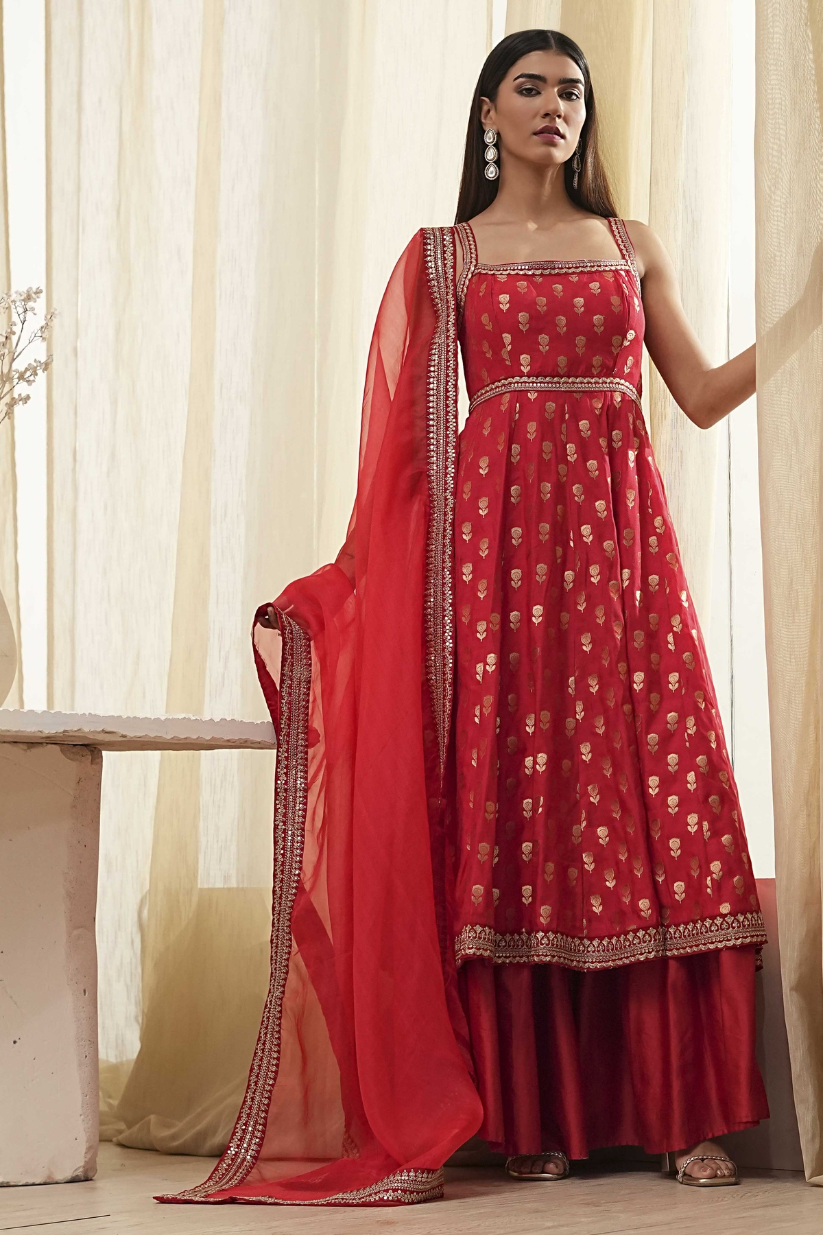 Red Yarn-Dyed Strappy Anarkali Suit Set