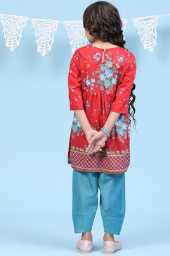 Red Art Silk Straight Printed Kurta Set image number 4