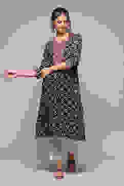 Navy LIVA Straight Printed Kurta image number 0