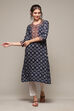 Navy LIVA Straight Printed Kurta