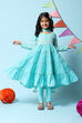 Turquoise Cotton Blend Tiered Kurta Churidar Suit Set