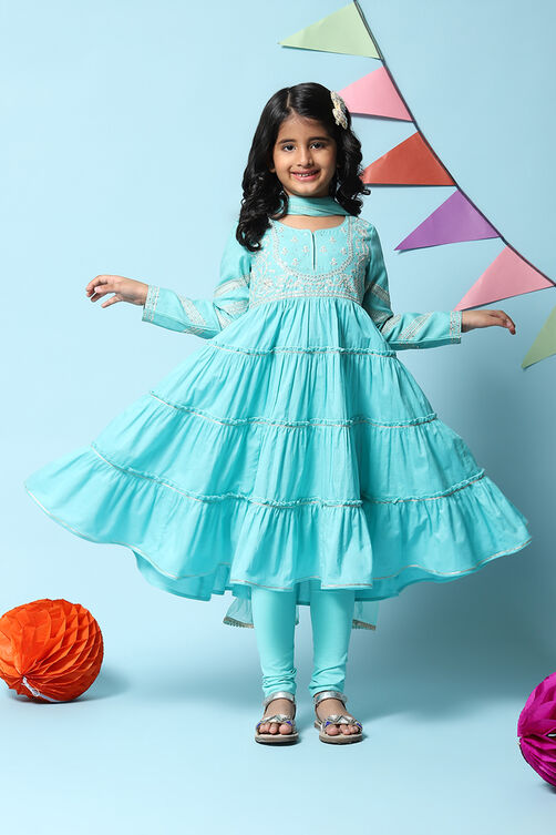 Turquoise Cotton Blend Tiered Kurta Churidar Suit Set image number 0