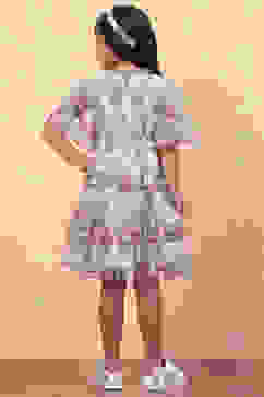 Beige Dobby Net Floral Ruffled Flared Tiered Dress image number 3