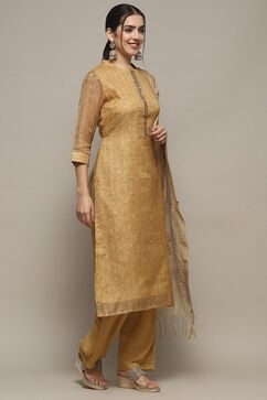 Earthy Yellow Chanderi Unstitched Suit set image number 7