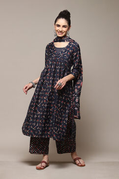 Navy Poly Cotton Layered Kurta Palazzo Suit Set image number 8