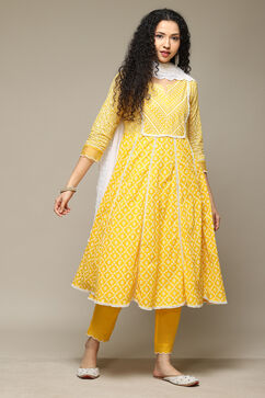 Yellow Cotton Anarkali Kurta Pants Suit Set image number 6