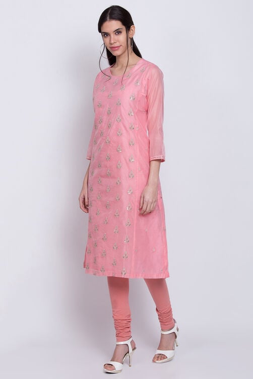 Pink Poly Cotton A-Line Embroidered Kurta image number 2