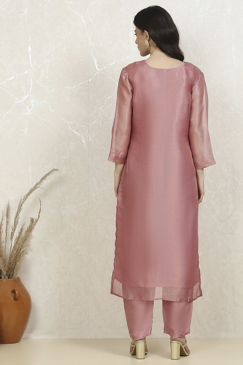 Pink Tissue Machine Embroidered Unstitched Suit Set image number 5