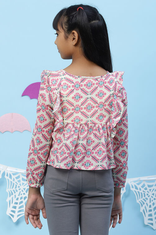 Pink And Cream Straight Cotton Printed Top image number 5