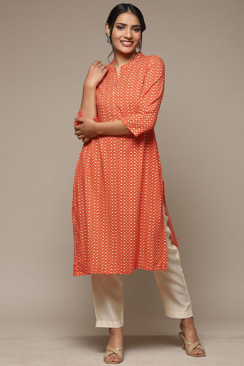 Orange Rayon Straight Printed Kurta image number 5