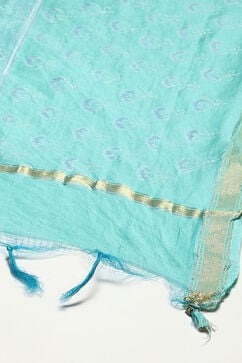 Teal Blue Silk Blend Printed Unstitched Suit Set image number 4