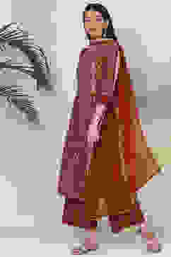 Terracotta Red Art Silk Straight Kurta Palazzo Suit Set image number 4