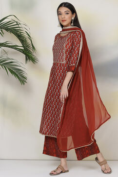 Terracotta Red Art Silk Straight Kurta Palazzo Suit Set image number 4