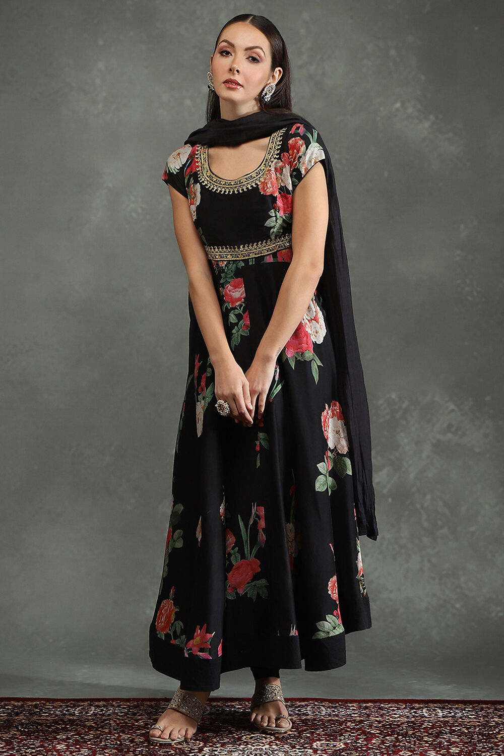Black Silk Chanderi Floral Printed Anarkali Suit Set image number 3
