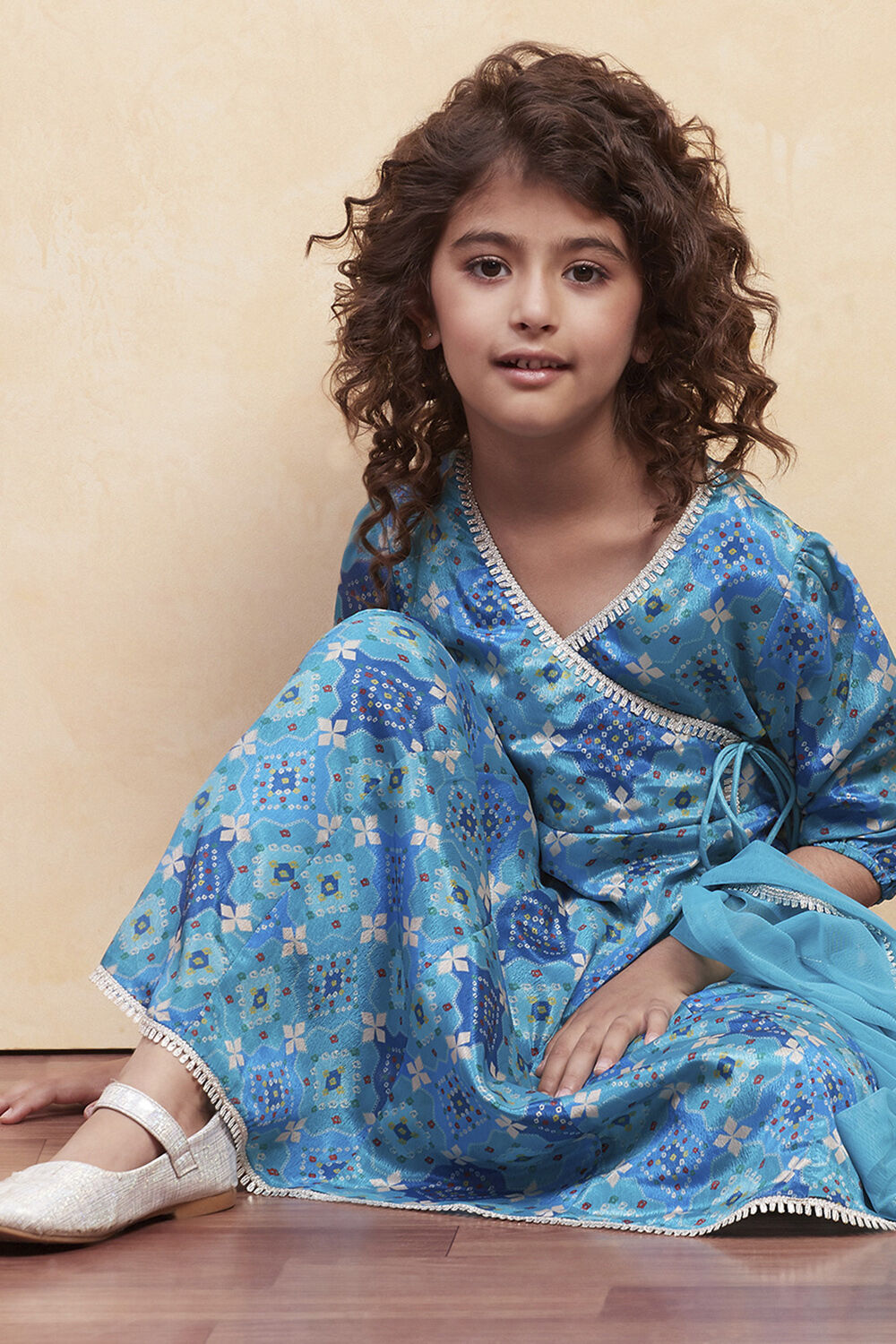 Turquoise Angrakha Printed Flared Suit Set image number 0