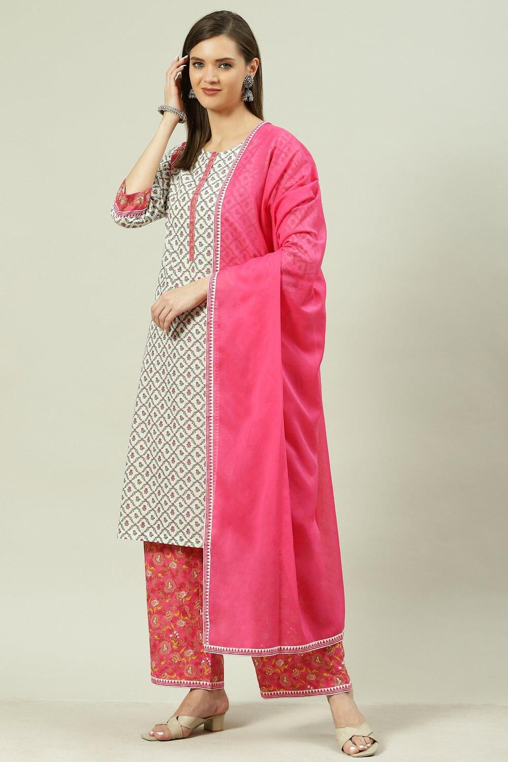 Off White Cotton Straight Kurta Palazzo Suit Set image number 5