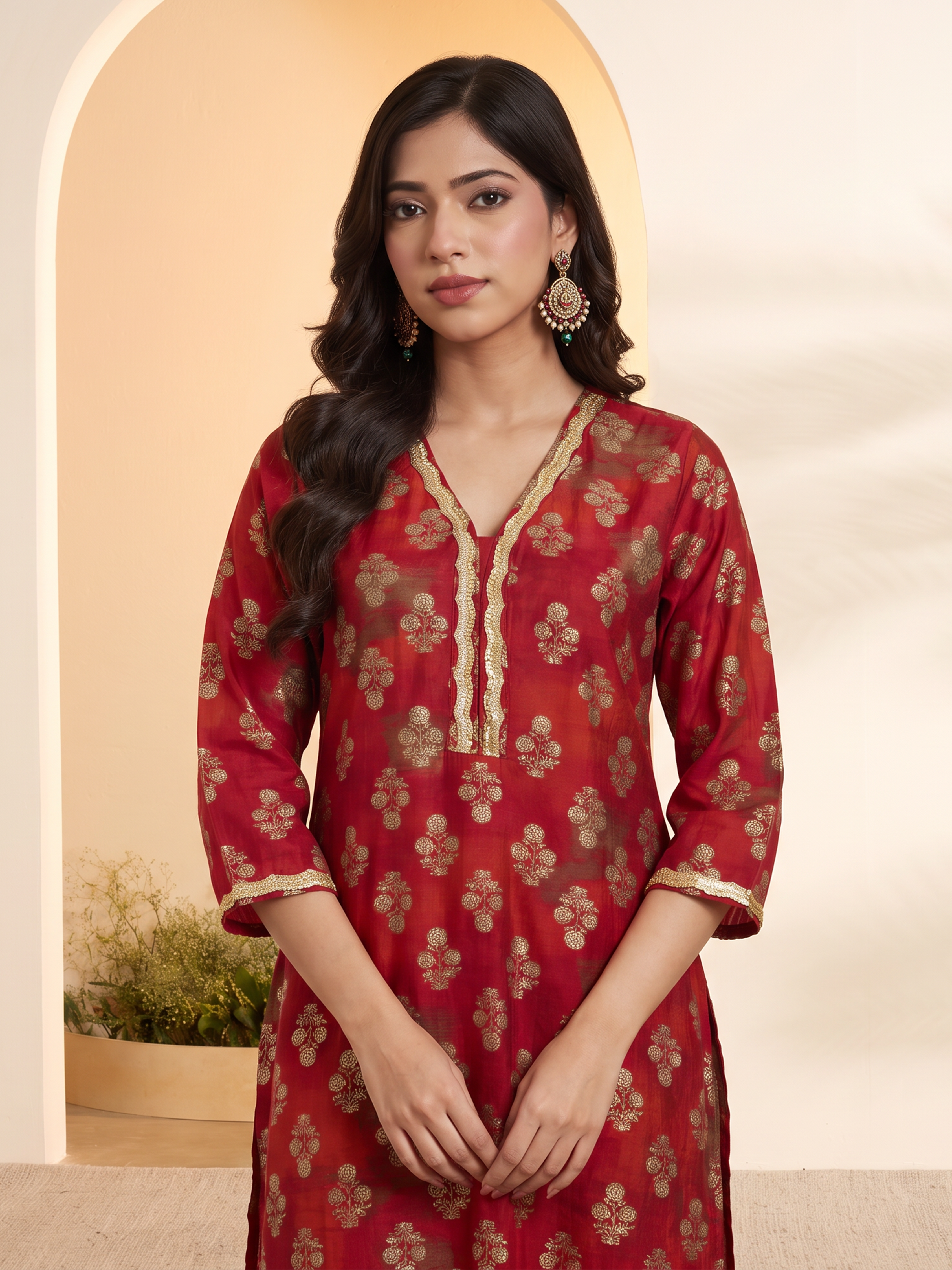 Red Poly Viscose Straight Kurta image number 1