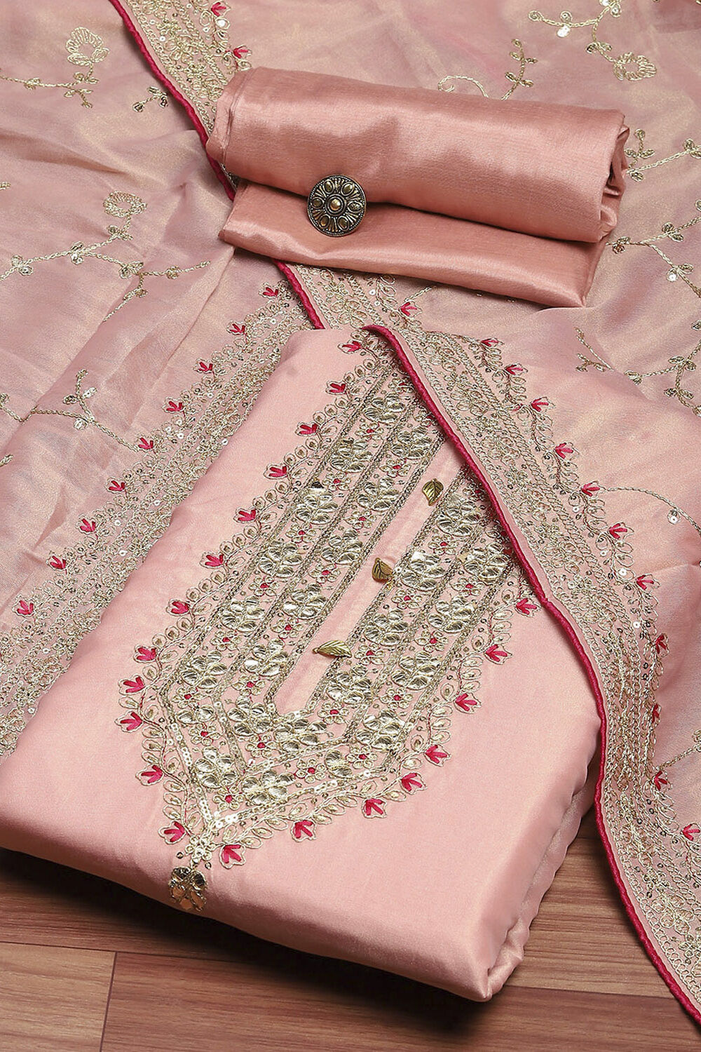 Green Tissue Machine Embroidered Unstitched Suit Set image number 0