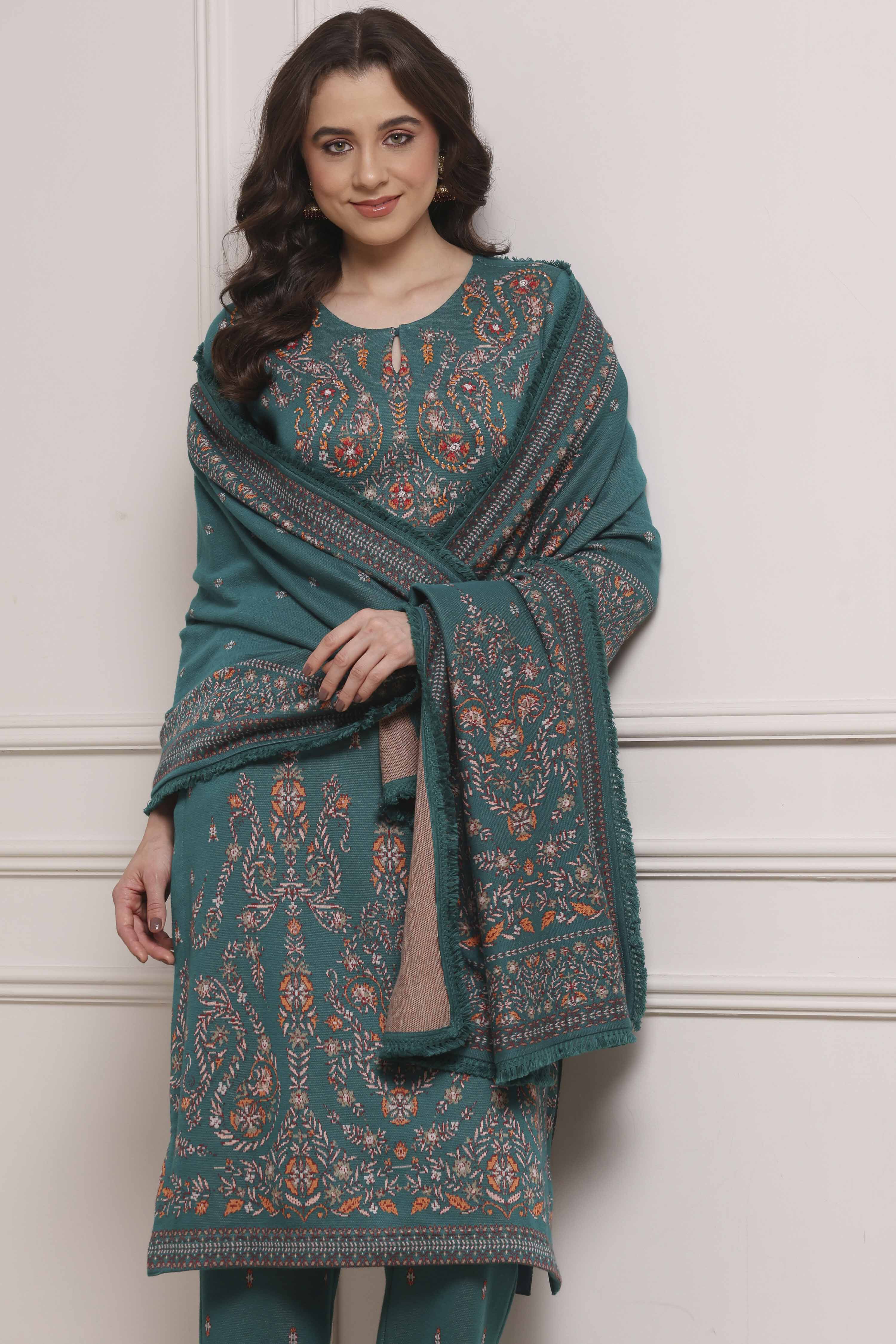 Green Printed Straight Winter Suit Set image number 7