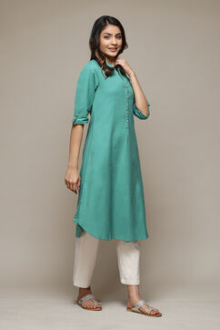 Green A-Line Solid Kurta image number 4