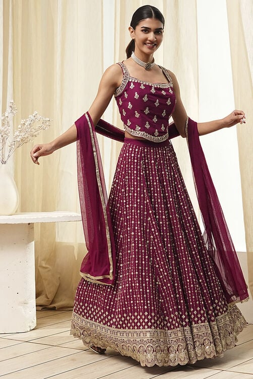Burgundy Georgette Lehenga Set  image number 6