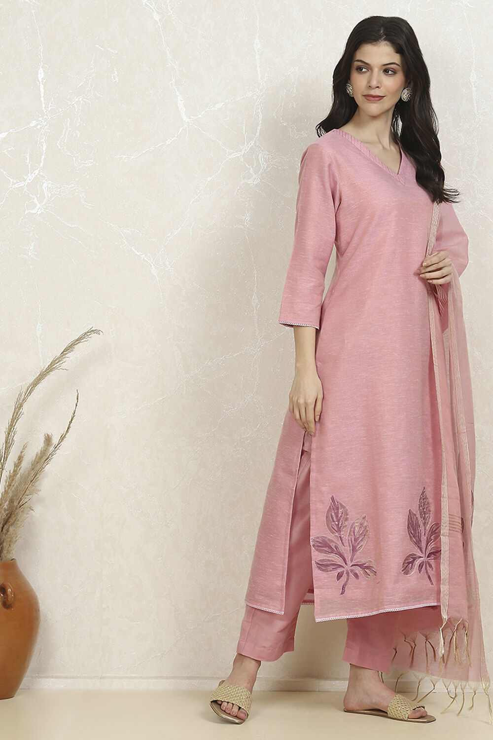 Pink Tissue Hand Embroidered Unstitched Suit Set image number 6