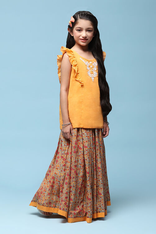 Orange Cotton Straight Printed Kurta Skirt Suit Set image number 5