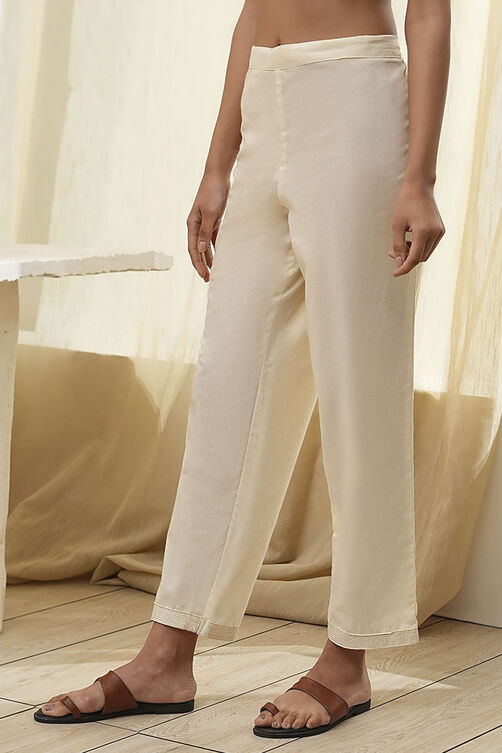 Cream-Colored Cotton Solid Regular Pants image number 2