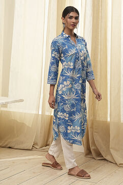 Blue Pure Cotton Floral Straight Kurta image number 4