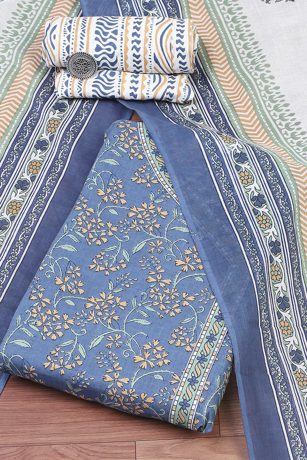 Turquoise Cotton Screen Print Unstitched Suit Set image number 0