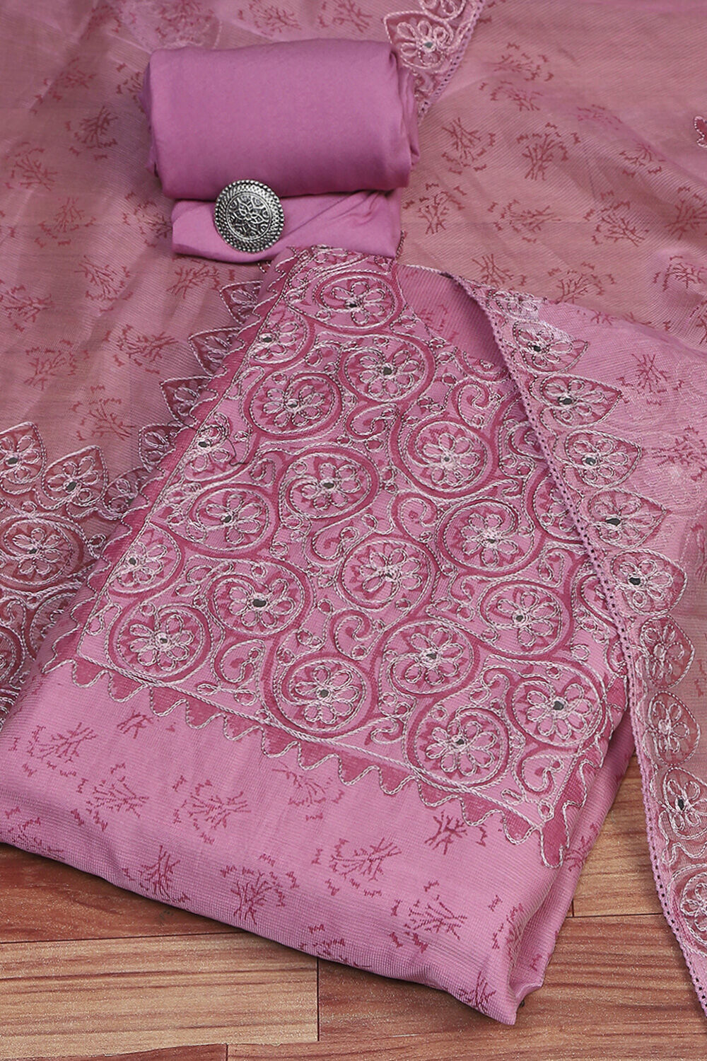 Mustard Net Hand Embroidered Unstitched Suit Set image number 0