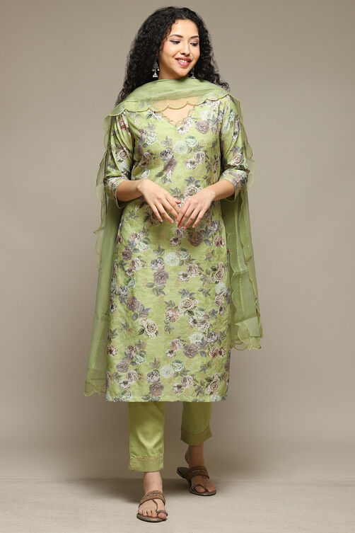 Green Cotton Blend Straight Kurta Pant Suit Set image number 7