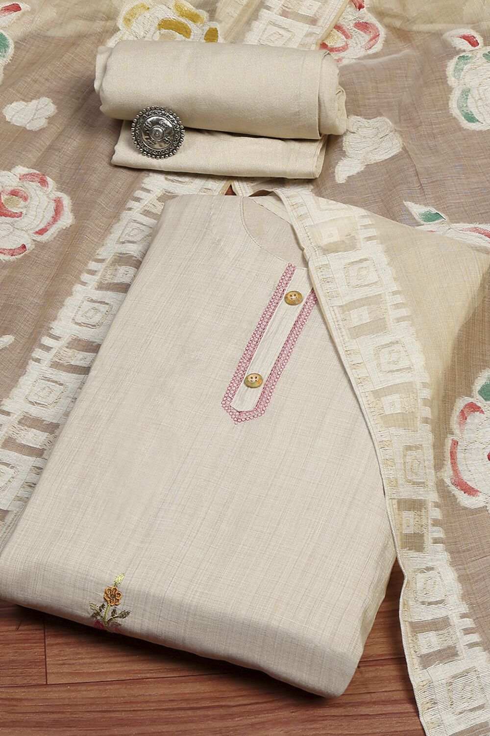 Beige Chanderi Hand Painted Unstitched Suit Set image number 0